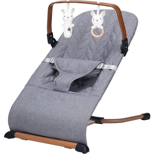 Portable Baby Bouncer, Bouncer Seat for Babies 0-12 Months, 3 Recline Positions, Foldable Baby Rocker Chair with Removable Wooden Bar, Gray