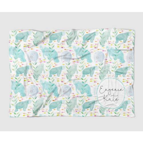 Manatee Baby Blanket - baby blanket with friendly watercolor manatees and fish, can be customized, monogram baby blanket, Florida baby gift