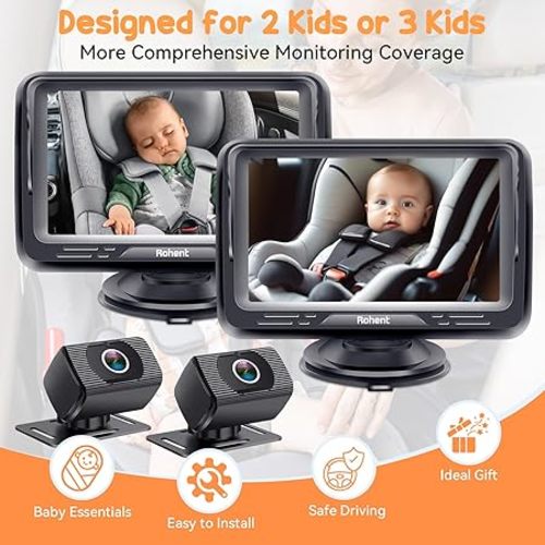 Baby Camera for Car 2 Pack - Dual HD 1080P Monitors with Night Vision, Adjustable Angles, Glare-Free Display, Easy Installation for Two Vehicles, Ideal for Road Trips