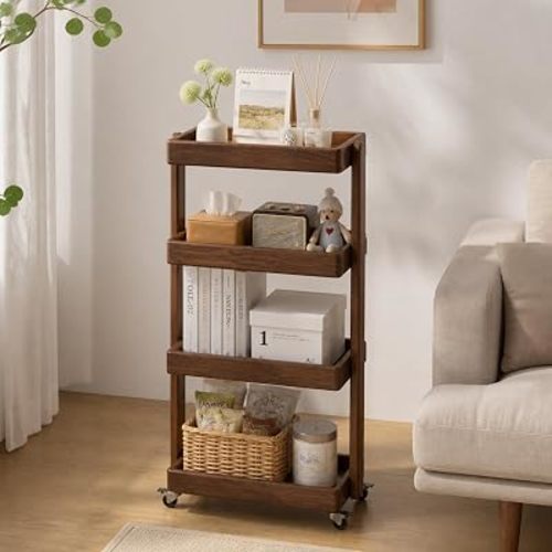 Small Narrow Side Table with Wheels, Skinny End Table for Small Spaces, 4 Tier Side Table for Living Room Bedroom(Walnut, 11.81" D x 15.75" W x 31.89" H)