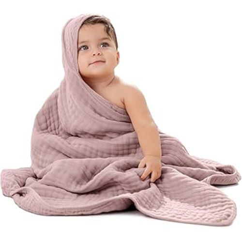 Comfy Cubs Hooded Baby Towel 1-Pack, Large 32 x 32 Inch - 6 Layer 100% Muslin Cotton for Babies, Toddlers and Kids - Soft & Absorbent Baby Bath Towels - Unisex Design for Bath Time - Mauve
