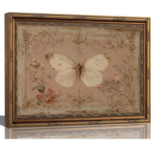 sezhylee Vintage Pink Butterfly Framed Wall Art White Moth Wall Decor