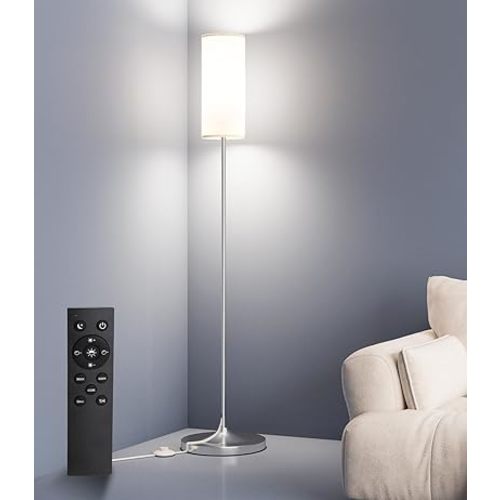 luckystyle LED Floor Lamp for Living Room, Dimmable Standing Lamps with Foot Switch,Remote Custom Color Temperature Silver Pole Lamp with Lampshade,12W Led Bulb Tall Lamps for Bedroom Office Kid Room