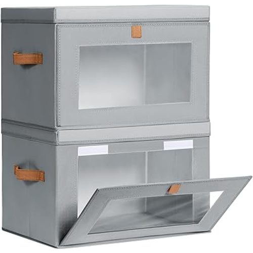 Large Closet Storage Organizer - Clothes Storage Bins with Handles & Window, Collapsible Decorative Boxes with Lids, Fabric Containers for Living Room, Dorm, 2 Pack, Grey