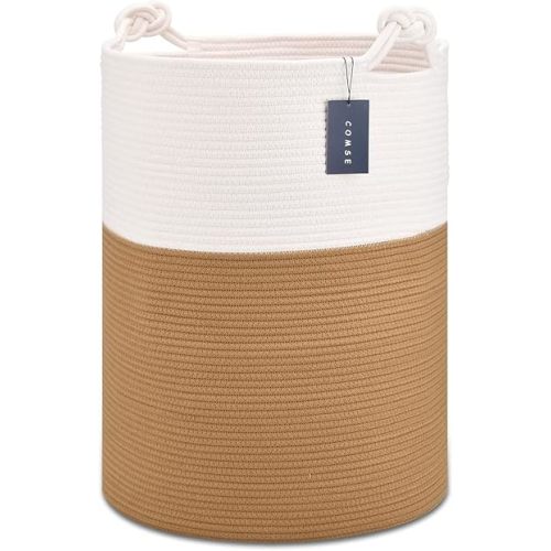 COMSE Tall Woven Blanket & Laundry Basket, 72L, White & Camel