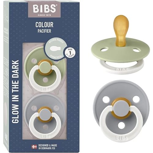 BIBS Pacifiers 0-6 Months | 2-Pack Soothers | BPA-Free Symmetrical Nipple | Made in Denmark | Sage Glow/Cloud Glow Colour Pacifier