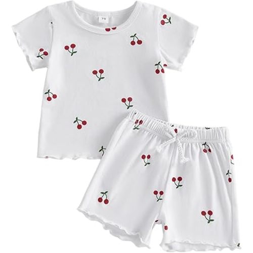 Kupretty Toddler Baby Girl Summer Clothes Ruffle Ribbed Knit Short Sleeves T-Shirt Tee Tops + Shorts Cute Outfits Set
