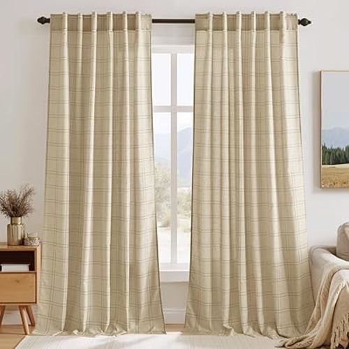 RYB HOME Rustic Linen Blend Curtains for Living Room Gingham Curtains 84 Inch Length, Farmhouse Light Filtering Drapes for Living Room, Rod Pocket Back Tab, 52 X 84 Inch, Oatmeal, 2 Panels