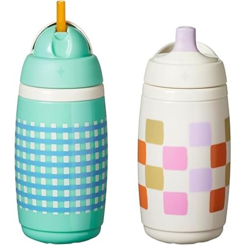 Tommee Tippee Active Straw Toddler Cups, 9 oz, Insulated Sippy Cups For Toddlers 1-3, Silicone Straw and Leak-Proof Valve, Mint and Beige, Pack of 2