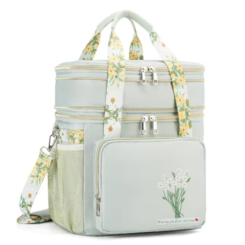 Insulated Lunch Bag for Women/Men, Dual Compartment Waterproof Reusable Large Lunch Box for Adlut Wide-Open Tote Cooler Bag For Working Picnic Hiking (16L, Green-Flowers)