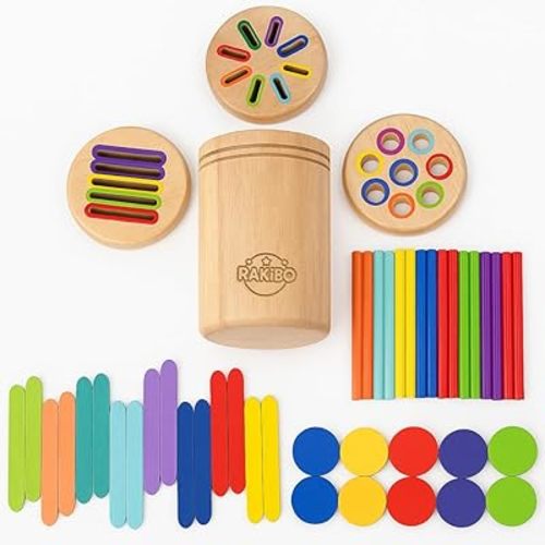 Montessori Color Sorting Toy for Toddlers Ages 1-5 – Wooden Fine Motor Skills Toy with Pegs, Sticks, Lids & Discs – Sensory Educational Activity – Gift-Ready in Box Learning Toy