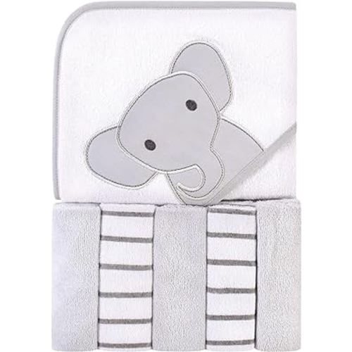 Hudson Baby Unisex Baby Hooded Towel and Five Washcloths, Modern Elephant, One Size