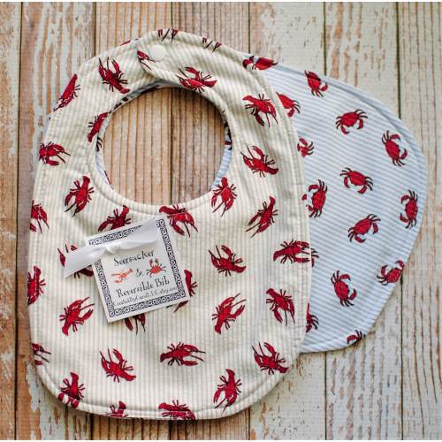 Seersucker Crawfish and Crabs Reversible Bib OR Bib and Burp Cloth Set