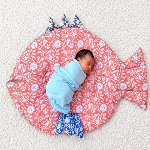 Fish Shaped Block Print Baby Play Mat - Orange