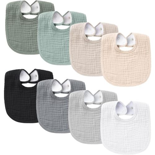 Konssy 8-Pack Muslin Baby Bibs, Adjustable Fit for Drooling and Teething | Soft Absorbent, Drool Bibs for Baby Boys Girls, Cotton Front with Fleece Backing, Newborn to Toddler 0-36M