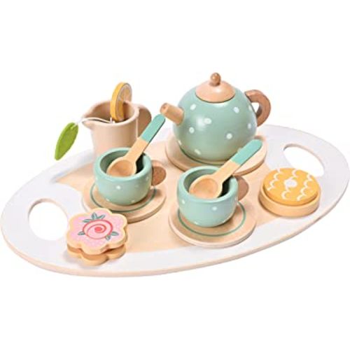 15pcs Wooden Tea Set for Little Girls, MONT PLEASANT Wooden Toys, Toddler Tea Set Play Kitchen Accessories Play Food playset for Kids Tea Party