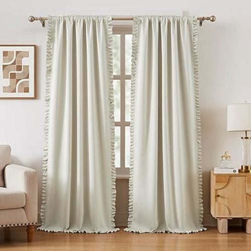 Jubilantex Beige Ruffle 80% Blackout Curtains 90 inch Long Rod Pocket Privacy with Soft Light Filtering French Country Flowy Drapes for Living Room Farmhouse Bedroom, 2 Panels, 40Wx90L
