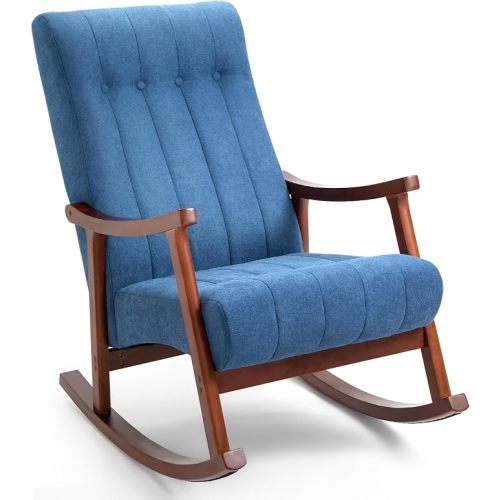 AVAWING Rocking Chair, Blue Upholstered High Back Solid Wood Armchair | Soft Fabric Padded Seat; Sturdy Solid Wood Frame; Ergonomic High Back; For Adults; Easy Assembly; Living Room Bedroom Leisure