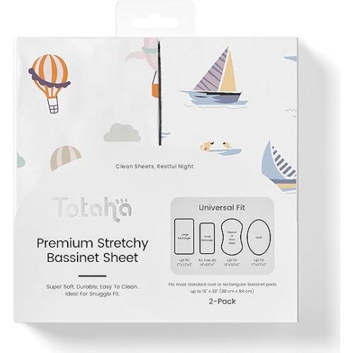 TotAha Premium Stretchy Bassinet Cradle Sheets (2-Pack) -Hypoallergenic, Silky Comfort, Buttery Soft, Calming Effect, All-Season Jersey-Knit Sheets, 32 X 16 X 3''(Air Balloon & Sailboat)