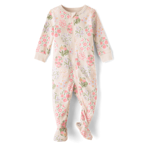 Baby Girls Floral Easter Egg Snug Fit Cotton Footed One Piece Pajamas - White