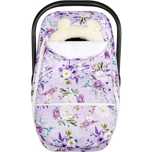 Winter Car Seat Cover Baby Girl Boy, Warm & Windproof Infant Carseat Cover Canopy Protect Baby from Cold Weather, Plush Fleece, Purple Floral