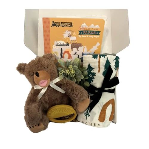 Tumbleweed Babies National Parks Baby Gift Box - Newborn Baby Gift Box with National Parks Swaddle, Plush Bear, Board Book, & Sun Teether