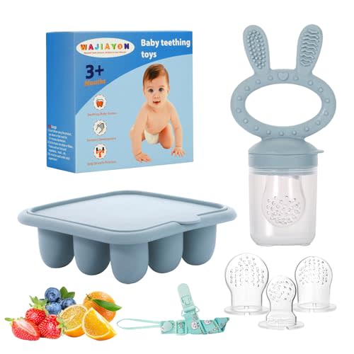 WAJIAYON Baby Breastmilk Popsicle Molds & Baby Fruit Feeder (2 Pack), Baby Food Freezer Tray Storage Containers, Silicone Teething Pacifier Feeder and Teether for Babies,Baby Feeder - Blue