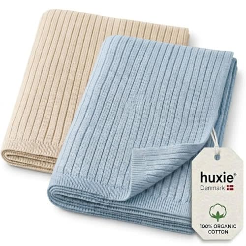 Receiving Blankets, 100% Organic Cotton Knit, Baby Swaddle 2-Pack | GOTS-certified, soft breathable layer for stroller, car seat & nursery, shower gift (Fog/Baby Blue)