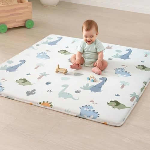 1.5" Thick Premium Baby Floor Play Mat, 50x50 Padded Memory Foam Mat, Tummy Time Crawling Playmat for Nursery Playroom Classroom, Dinosaurs