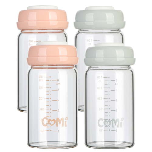 Wide Neck Baby Bottle,Glass Breastmilk Storage Bottles,6oz with Screw Ring Sealing Disk,BPA Free, Fits Breast Pumps & Nipples,2 Gray Lids + 2 Pink Lids