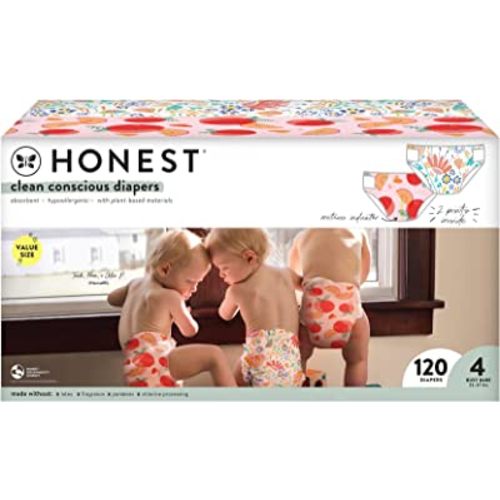 The Honest Company Clean Conscious Diapers | Plant-Based, Sustainable | Just Peachy + Flower Power | Super Club Box, Size 4 (22-37 lbs), 120 Count