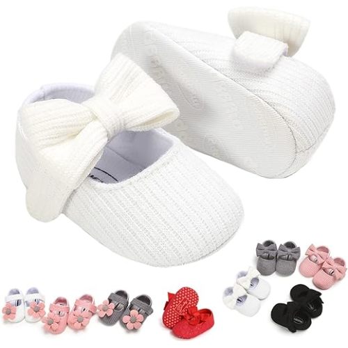 Baby Girls Mary Jane Flats with Bowknot Floral Princess Wedding Dress Shoes Soft Newborn Infant Crib First Walkers Prewalker