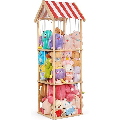 Stuffed Animal Storage, Space Saving Vertical Stuffed Animal Holder Wood, Easy Assembly Cottage-Style Plush Toys Organizer for Kids Bedroom & Playroom (Wood)