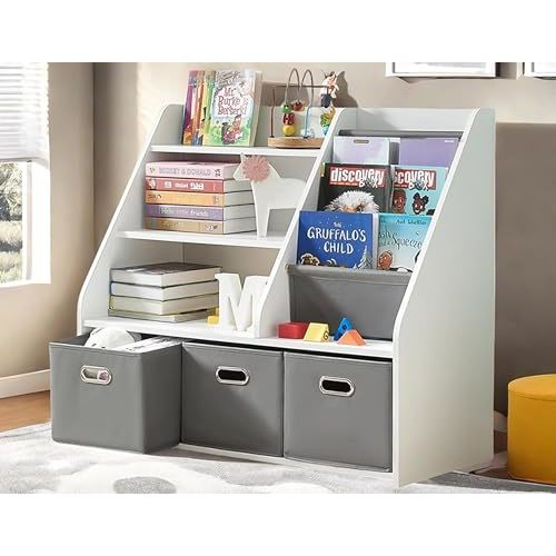 Wood Kids Bookshelf, Toy Organizer with Bookshelf, Montessori Toy Shelf W/Sling Rack & Fabric Toy Bins, Toy Storage Organizer for Toddler Children, Wooden Book Shelf for Kids Room Playroom