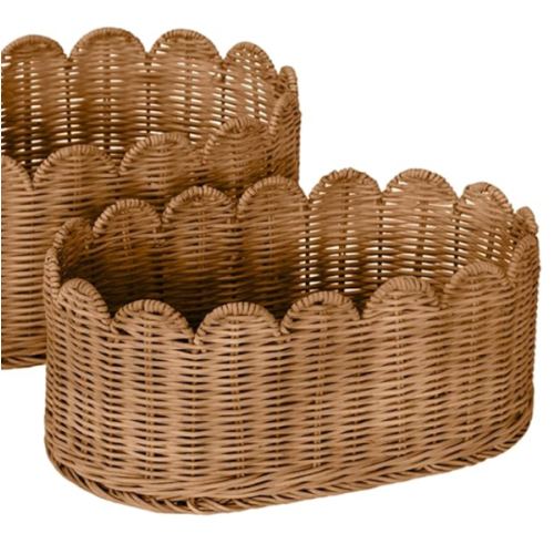 BEBE BASK Premium Scalloped Basket Set Of 2 - Scallop Basket - 16 x 10 x 7 Inch - Hand-Woven Elegant Wicker With Scalloped Edge - Nursery Storage (Mocca)