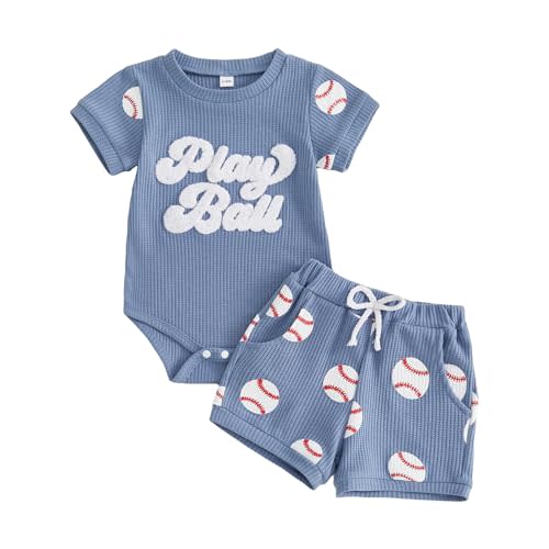 Kupretty Baby Boy Clothes 3 6 12 18 Months Summer Outfit Baseball Embroidery Waffle Short Sleeve Romper & Shorts Set