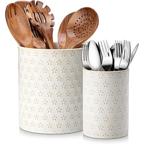 MALACASA LYDIA Ceramic Utensil Holders, 7.3"+5.5" Kitchen Utensil Crock Set for Countertop, Large & Small Utensil Organizers for Cooking Tools, Five-Leaf Grass Pattern
