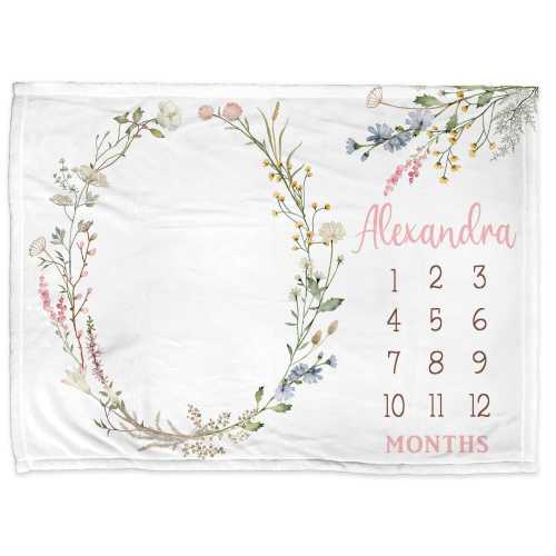 Flowers milestone blanket, baby girl personalized wildflower gift, monthly tracker, floral name baby blanket