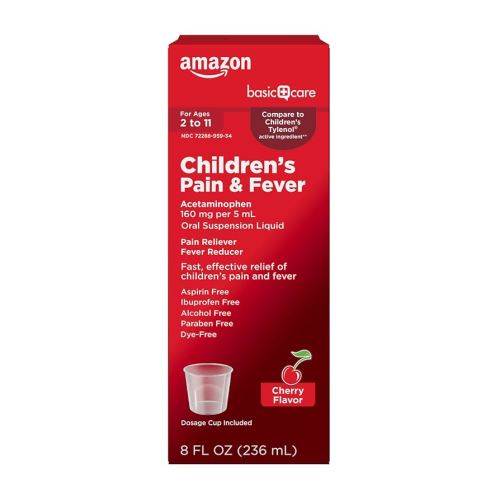 Amazon Basic Care Children's Pain and Fever, Acetaminophen 160 mg per 5 mL Oral Suspension, Dye-Free Cherry Flavor, Fever Reducer and Pain Reliever for Headache, Sore Throat and Toothache, 8 fl oz