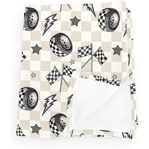 Cute Race Car Flag Black and White Plaid Baby Boy Girl Blankets Tire Stars Checkered Vehicles Flannel Fluffy Blanket for Baby Newborn Infant Toddler Nursery Crib Bedding Race 30x40inch
