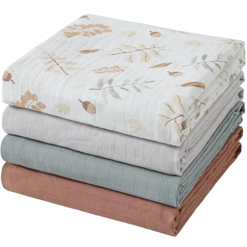 POMISO Muslin Swaddle Blankets for Boys & Girls, 4 Pack Receiving Baby Blanket for Newborns, Large 47 x 47 Inches, Soft Breathable Baby Swaddles, Acorn & Earthy Colors