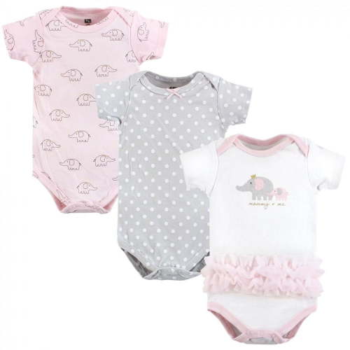 Hudson Baby Infant Girl Cotton Bodysuits, Pink Gray Elephant, 3-6 Months