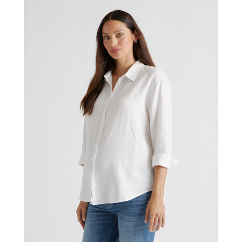 100% European Linen Maternity Long Sleeve Shirt in White
