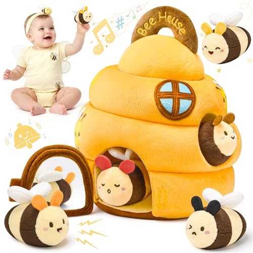 Baby Toys 6-12 Months - Beehive Infant Toy with 5 Sensory Bees Stuffed Animals, Crinkle, Rattle, Mirror & Music, Montessori Toys for 6 7 8 9 10 11 12 Month Old Baby Boys Girls Birthday Christmas Gift