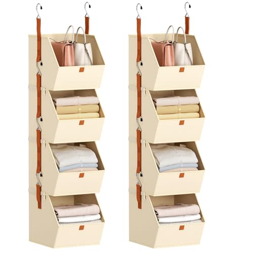 Homsorout Hanging Closet Organizer 4 Tier - Clothes Hanging Shelves, Space-Saving Closet System, Fabric Storage Bins Bedroom Organization, Collapsible Baskets for Home, Dorm, Rv, Beige, 8 Pack