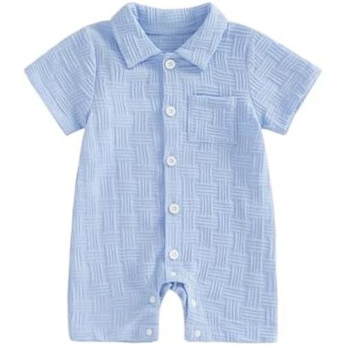 Newborn Baby Boy Summer Clothes Texture Button Down Shirt Romper One-Piece Jumpsuit Short Sleeve Collared Bodysuit