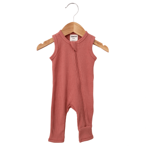 Organic Waffle Sleeveless Zip Romper, Dusty Rose