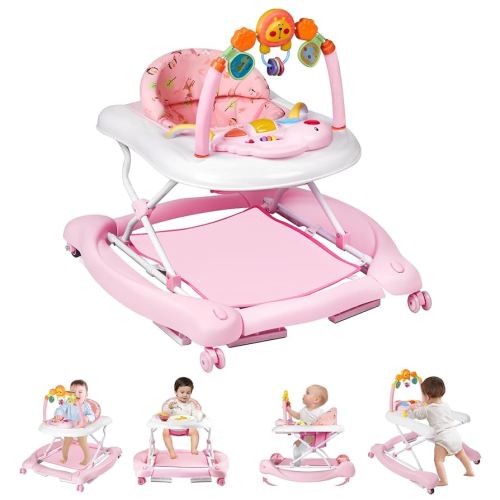Baby Walker with Wheels, 5 in 1 Baby Walkers for Boys Girls 6-12 Months, Foldable Walker Baby with Bouncer & Feeding Tray, Music, Adjustable Heights