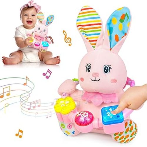 Baby Bilingual Musical Rabbit Stuffed Animals Toys,Infant Early Learning Toy with Light-Up Music & Crinkle,Tummy Time Toys for 0 3 6 9 12+ Months for Baby Boy Girl Gift,Pink