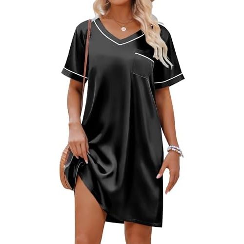 Ekouaer Satin Silk Nightgown for Women Silky Loose Sleepwear V Neck Nightshirt Short Sleeve Sleep Dress